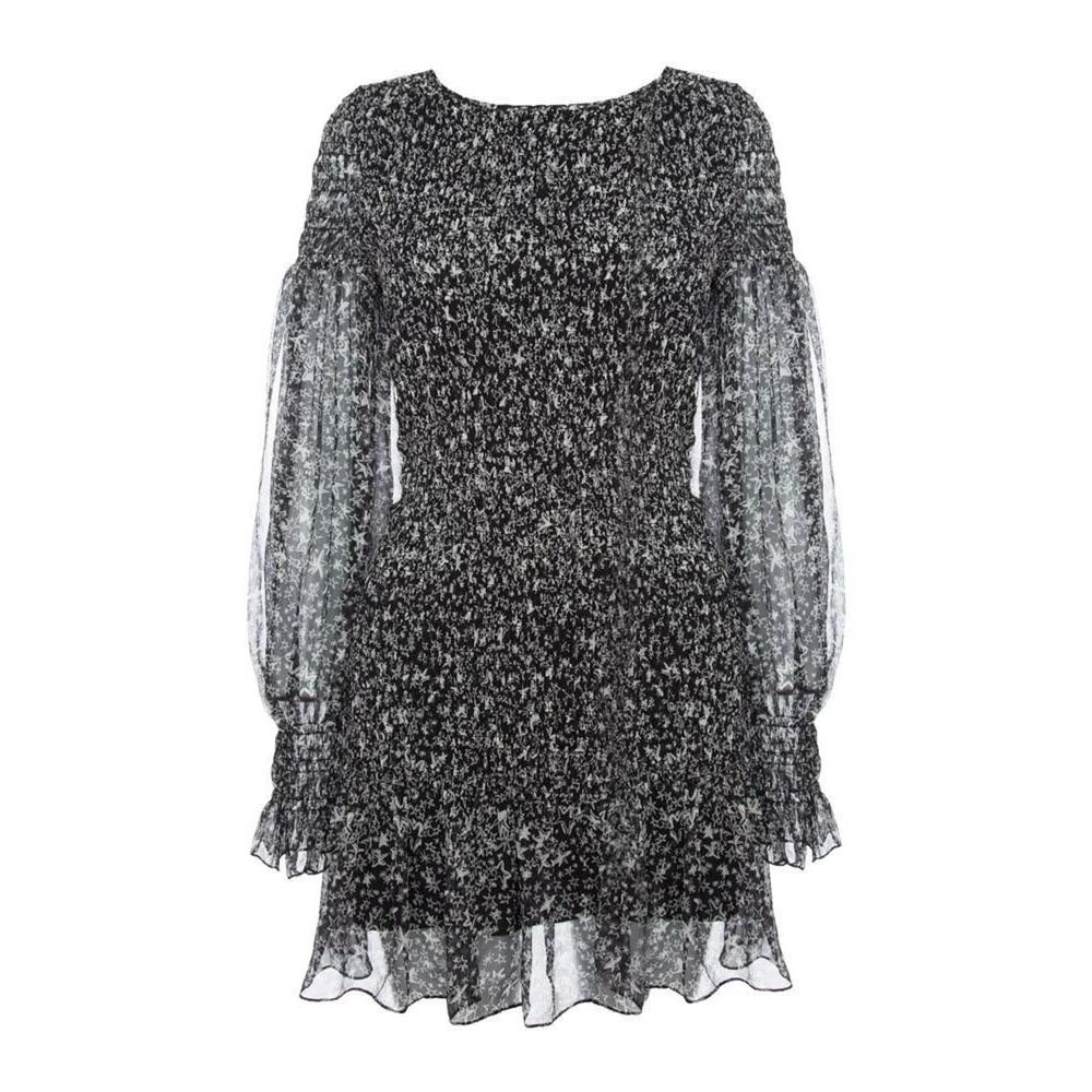 LoveShackFancy Scarlett Silk Mini Dress XS Black White Long Sleeve Smocked EUC
